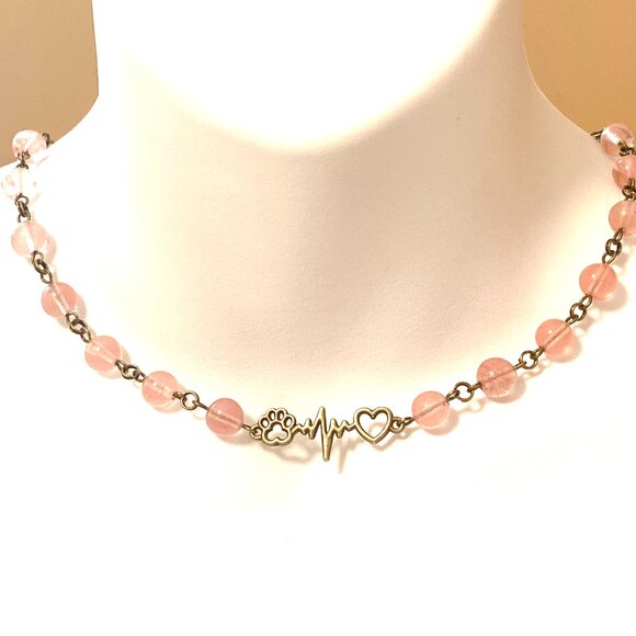 Cute Cherry Quartz Bronze Paw Print Heart Beat Adjustable Pendant Choker - Picture 2 of 16